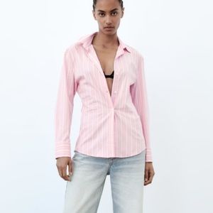 NWT Zara Pink Striped Button down poplin shirt - small